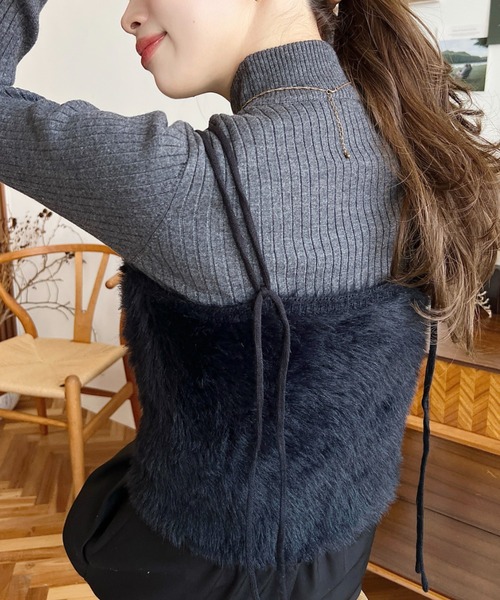 moment+（モーメントプラス）の「Wストラップロングフェザーニットビスチェ（キャミソール・レディース・グレー/ブラック/アイボリー/ミント/ピンク/レッド/モカ/ブラウン・L/M）」の16枚目の写真