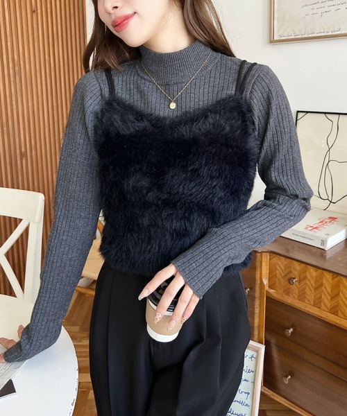 moment+（モーメントプラス）の「Wストラップロングフェザーニットビスチェ（キャミソール・レディース・グレー/ブラック/アイボリー/ミント/ピンク/レッド/モカ/ブラウン・L/M）」の17枚目の写真