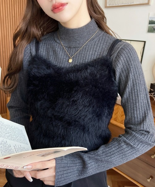 moment+（モーメントプラス）の「Wストラップロングフェザーニットビスチェ（キャミソール・レディース・グレー/ブラック/アイボリー/ミント/ピンク/レッド/モカ/ブラウン・L/M）」の13枚目の写真