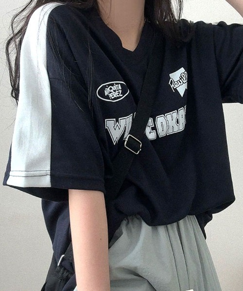 VIVID LADY（ビビッドレディー）の「ロゴ入りⅤネックtシャツ レディース 配色 ブロークコア（Tシャツ/カットソー・レディース・ネイビー/ブラック/ホワイト系・FREE）」の9枚目の写真