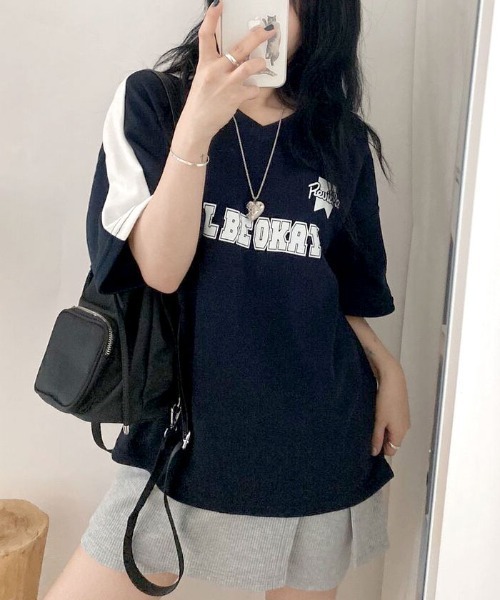 セール】ロゴ入りⅤネックtシャツ レディース 配色 ブロークコア