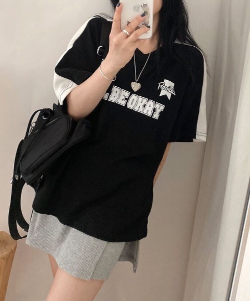 VIVID LADY（ビビッドレディー）の「ロゴ入りⅤネックtシャツ レディース 配色 ブロークコア（Tシャツ/カットソー・レディース・ネイビー/ブラック/ホワイト系・FREE）」の13枚目の写真