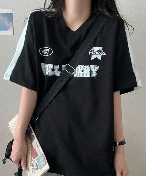 tシャツ VネックネップカットTシャツ レディース セール】ロゴ入りⅤネックtシャツ レディース 配色 ブロークコア