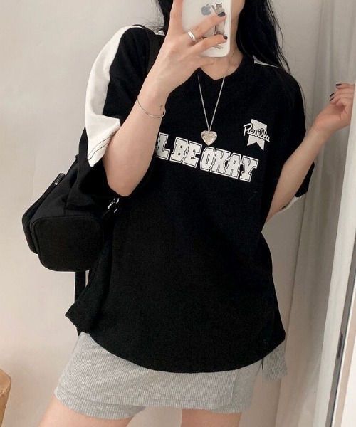 VIVID LADY（ビビッドレディー）の「ロゴ入りⅤネックtシャツ レディース 配色 ブロークコア（Tシャツ/カットソー・レディース・ネイビー/ブラック/ホワイト系・FREE）」の15枚目の写真