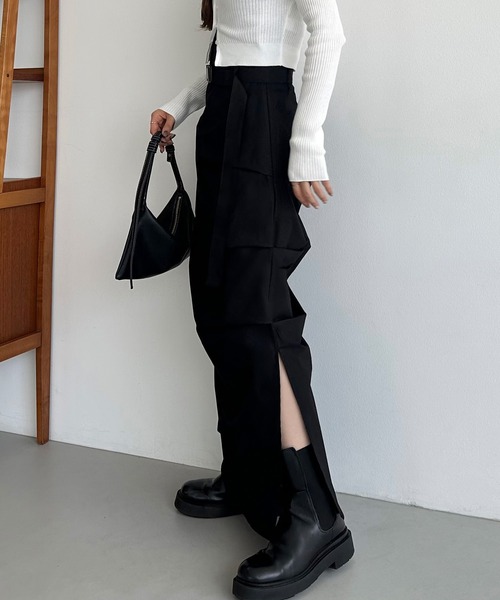 callautia（カラウティア）の「ベルト付きサイドタックデザインスカート（スカート・レディース・チャコール/ブラック/カーキ・SMALL/MEDIUM/LARGE）」の4枚目の写真