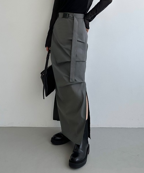 callautia（カラウティア）の「ベルト付きサイドタックデザインスカート（スカート・レディース・チャコール/ブラック/カーキ・SMALL/MEDIUM/LARGE）」の7枚目の写真
