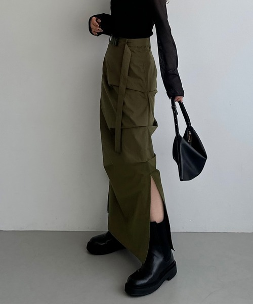 callautia（カラウティア）の「ベルト付きサイドタックデザインスカート（スカート・レディース・チャコール/ブラック/カーキ・SMALL/MEDIUM/LARGE）」の10枚目の写真