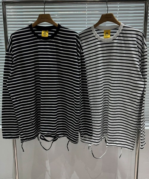 BY ATTENTION(バイアテンション)の「BIG SALE開催中!【BY ATTENTION】 クラッシュ 長袖 ボーダーTシャツ / ユニセックス(Tシャツ/カットソー・メンズ・ブラック/ホワイト・FREE)」の3枚目の写真