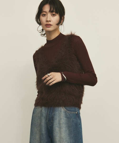 MERLOT（メルロー）の「リネンタッチリブ編みシアーハイネックプルオーバー（Tシャツ/カットソー・レディース・アイボリー/ブラック/ブラウン・FREE）」の17枚目の写真