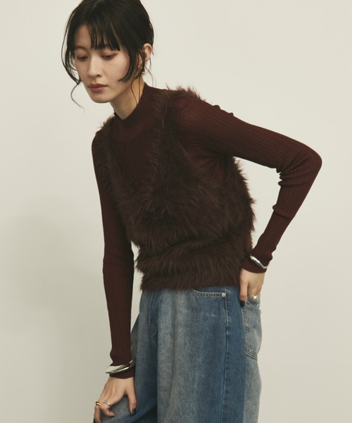 MERLOT（メルロー）の「リネンタッチリブ編みシアーハイネックプルオーバー（Tシャツ/カットソー・レディース・アイボリー/ブラック/ブラウン・FREE）」の19枚目の写真