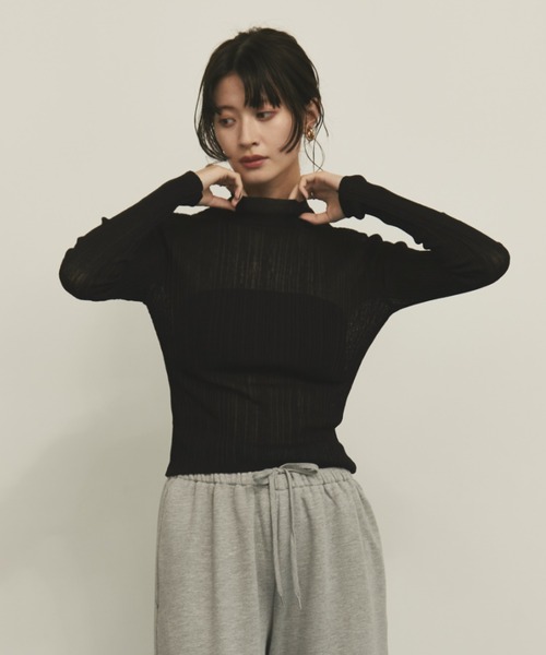 MERLOT（メルロー）の「リネンタッチリブ編みシアーハイネックプルオーバー（Tシャツ/カットソー・レディース・アイボリー/ブラック/ブラウン・FREE）」の22枚目の写真