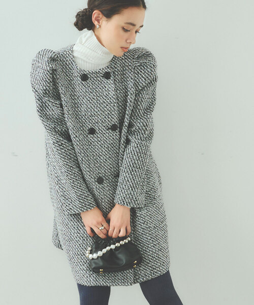 セール】選べるツイードorボアパワショルダブルボタンコート（ノー