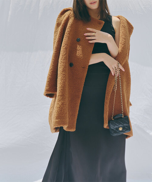 選べるツイードorボアパワショルダブルボタンコート（ノーカラーコート