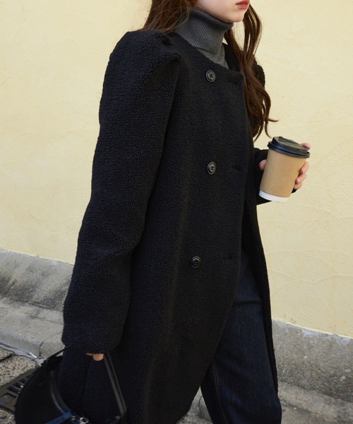 セール】選べるツイードorボアパワショルダブルボタンコート（ノー