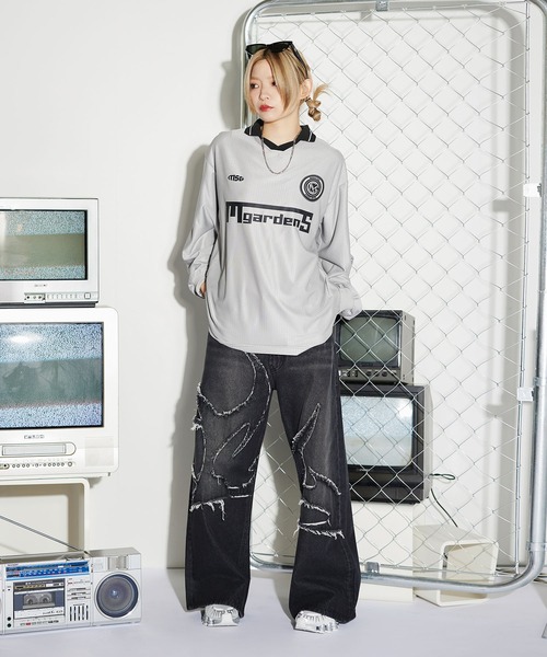 セール】オーバーサイズ襟配色ロゴプリントゲーム長袖Tシャツ 