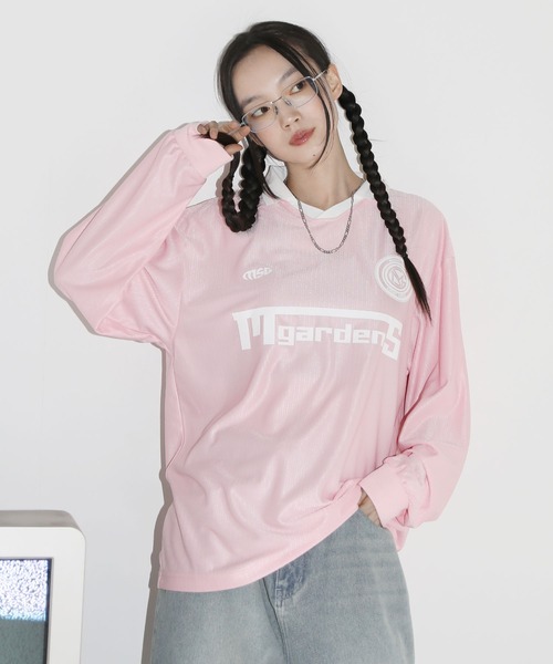 オーバーサイズ襟配色ロゴプリントゲーム長袖Tシャツユニフォーム