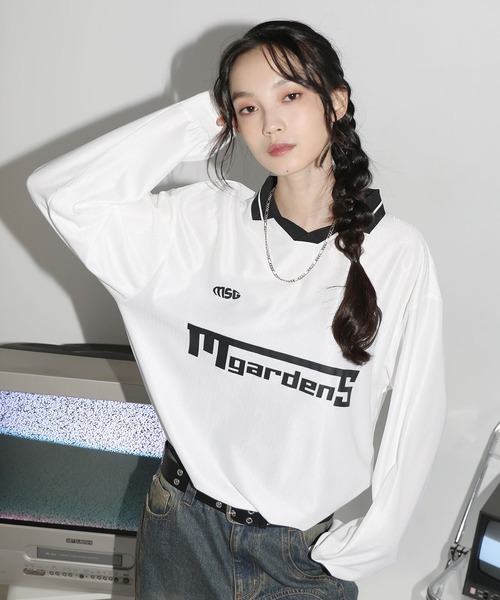 セール】オーバーサイズ襟配色ロゴプリントゲーム長袖Tシャツ