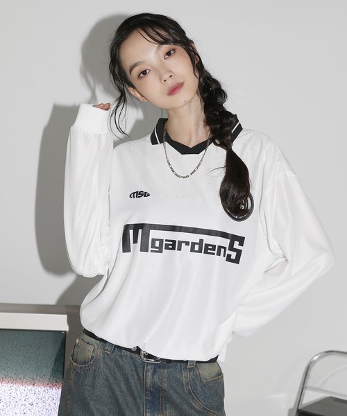 MSG(エムエスジー)の「オーバーサイズ襟配色ロゴプリントゲーム長袖Tシャツユニフォームシャツ【UNISEX】(Tシャツ/カットソー・メンズ・グレー/ブラック/ピンク/ホワイト/ブラック系/ネイビー・L/M/S/XL)」の19枚目の写真