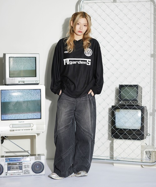 セール】オーバーサイズ襟配色ロゴプリントゲーム長袖Tシャツ