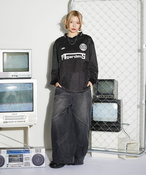 セール】オーバーサイズ襟配色ロゴプリントゲーム長袖Tシャツ