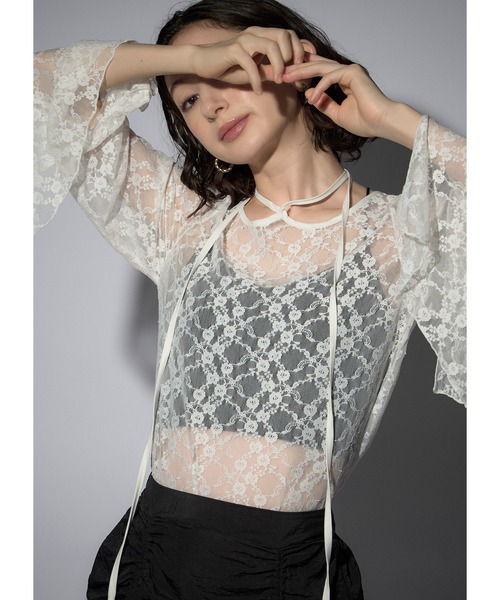 Adoon plain(アドーンプレーン)の「レースチョーカートップス/LS(Tシャツ/カットソー・レディース・ブラック/チャコールグレー/ボルドー/ホワイト・FREE)」の1枚目の写真