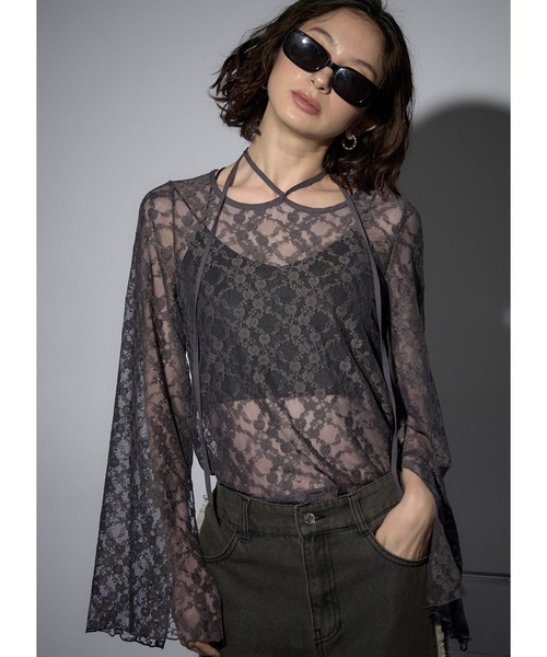 Adoon plain(アドーンプレーン)の「レースチョーカートップス/LS(Tシャツ/カットソー・レディース・ブラック/チャコールグレー/ボルドー/ホワイト・FREE)」の3枚目の写真