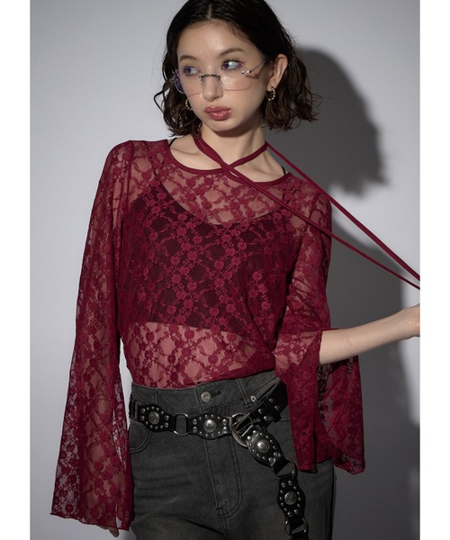 Adoon plain(アドーンプレーン)の「レースチョーカートップス/LS(Tシャツ/カットソー・レディース・ブラック/チャコールグレー/ボルドー/ホワイト・FREE)」の4枚目の写真