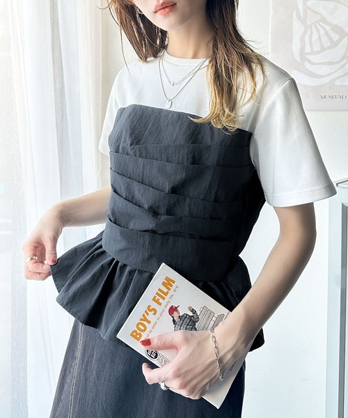 classicalelf(クラシカルエルフ)の「【秋先取りの長袖新登場!】簡単おしゃれが叶う。華奢見え♪Tシャツ×ビスチェドッキングトップス(半袖&長袖)(Tシャツ/カットソー・レディース・ブラック/その他/ホワイト×ブラック/ホワイト×グレー/ホワイト×ネイビー/ホワイト系その他/ホワイト系その他2・SMALL/MEDIUM/LARGE/X-LARGE)」の10枚目の写真