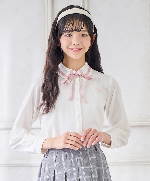 Amourire girl(アムリールガール)の「ジョーゼットリボンタイブラウス(シャツ/ブラウス・キッズ・ピンク/ブラック・110cm/120cm/130cm/140cm/150cm/160cm)」の1枚目の写真