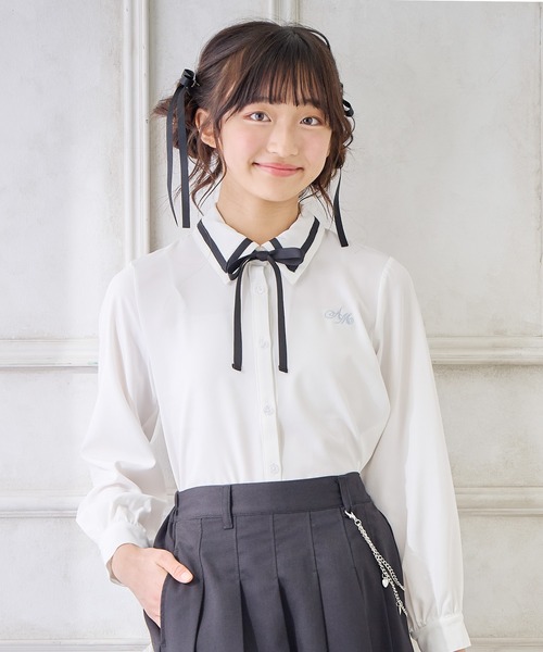 Amourire girl(アムリールガール)の「ジョーゼットリボンタイブラウス(シャツ/ブラウス・キッズ・ピンク/ブラック・110cm/120cm/130cm/140cm/150cm/160cm)」の2枚目の写真