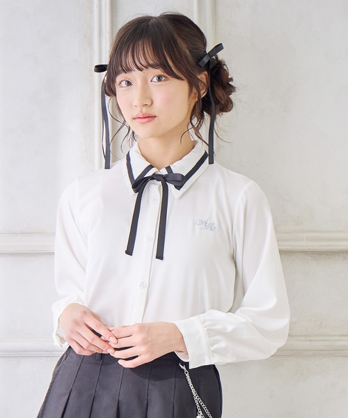 Amourire girl(アムリールガール)の「ジョーゼットリボンタイブラウス(シャツ/ブラウス・キッズ・ピンク/ブラック・110cm/120cm/130cm/140cm/150cm/160cm)」の3枚目の写真