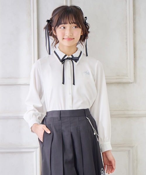 Amourire girl(アムリールガール)の「ジョーゼットリボンタイブラウス(シャツ/ブラウス・キッズ・ピンク/ブラック・110cm/120cm/130cm/140cm/150cm/160cm)」の5枚目の写真