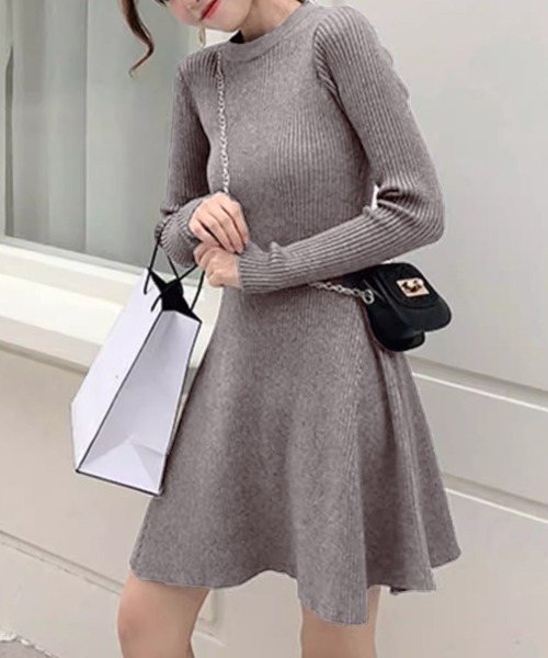 ラウンドネックリブフレアニットミニOP（ワンピース）｜IRADOWL  