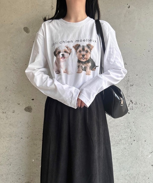 merrylatte(メリーラテ)の「『低身長用サイズあり』DOGプリントロングTシャツ(Tシャツ/カットソー・レディース・ホワイト・MEDIUM)」の1枚目の写真