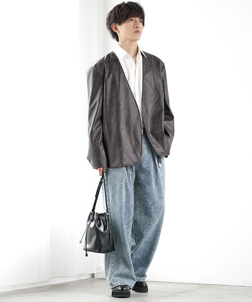 MinoriTY】ノーカラーシンセティックレザージャケット（ノーカラー