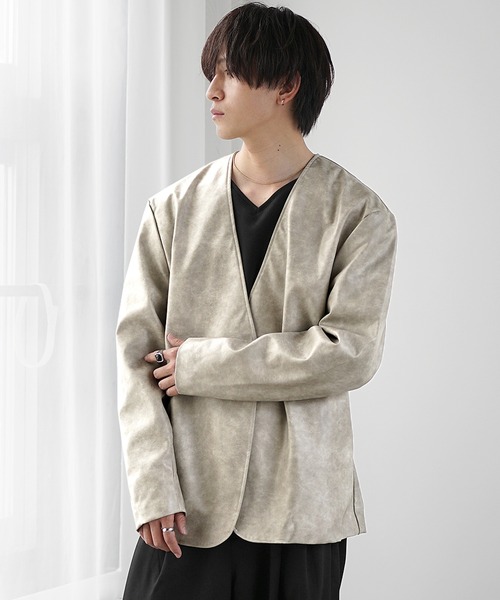 MinoriTY（マイノリティ）の「【MinoriTY】ノーカラーシンセティックレザージャケット（ノーカラージャケット・メンズ・アイボリー/チャコール・M/L）」の7枚目の写真