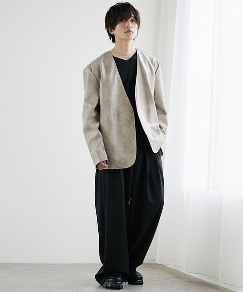 MinoriTY（マイノリティ）の「【MinoriTY】ノーカラーシンセティックレザージャケット（ノーカラージャケット・メンズ・アイボリー/チャコール・M/L）」の10枚目の写真