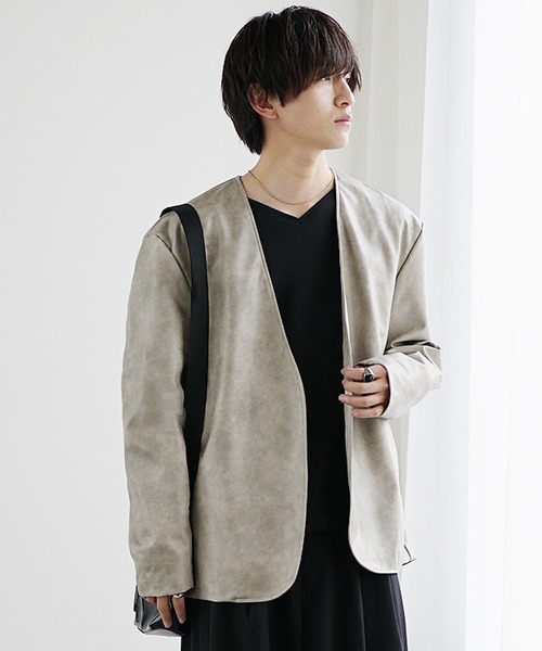 MinoriTY（マイノリティ）の「【MinoriTY】ノーカラーシンセティックレザージャケット（ノーカラージャケット・メンズ・アイボリー/チャコール・M/L）」の8枚目の写真