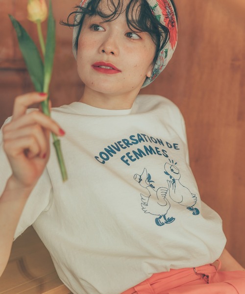 CHILD WOMAN（チャイルドウーマン）の「アヒルの会議プリント ミニＴシャツ（Tシャツ/カットソー・レディース・アイボリー/ピンク/ブルー/イエロー/グレー・FREE）」の7枚目の写真