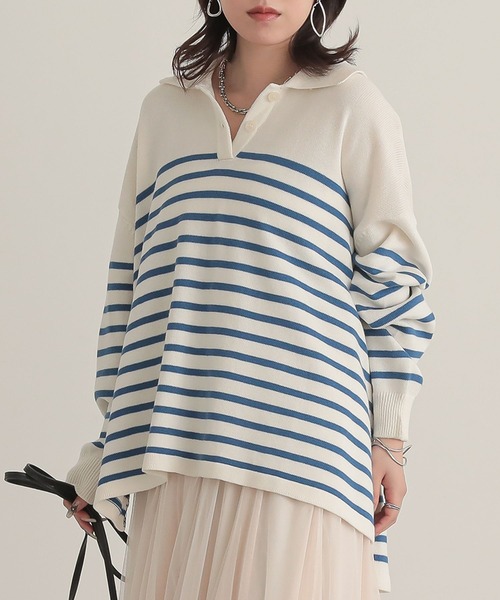 n'OrLABEL（ノアールレーベル）の「『パネルボーダーニットポロ』（ポロシャツ・レディース・モカ/ブルー/ブラック・FREE）」の3枚目の写真