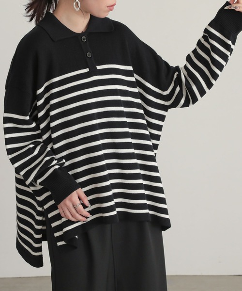 n'OrLABEL（ノアールレーベル）の「『パネルボーダーニットポロ』（ポロシャツ・レディース・モカ/ブルー/ブラック・FREE）」の2枚目の写真