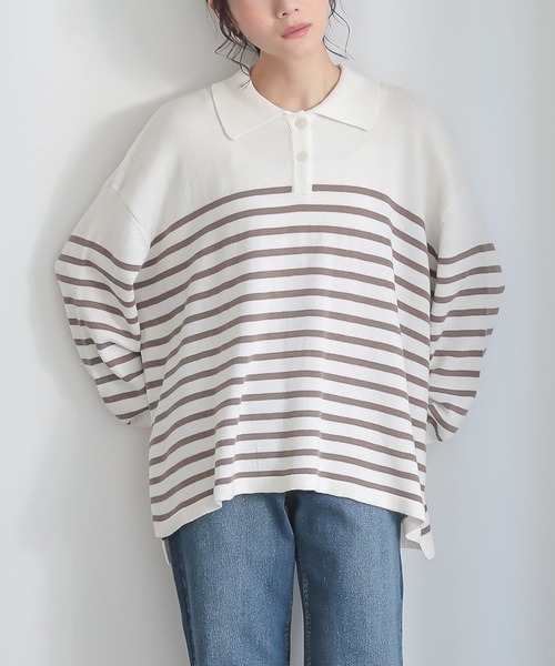 n'OrLABEL（ノアールレーベル）の「『パネルボーダーニットポロ』（ポロシャツ・レディース・モカ/ブルー/ブラック・FREE）」の7枚目の写真