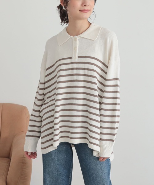 n'OrLABEL（ノアールレーベル）の「『パネルボーダーニットポロ』（ポロシャツ・レディース・モカ/ブルー/ブラック・FREE）」の8枚目の写真