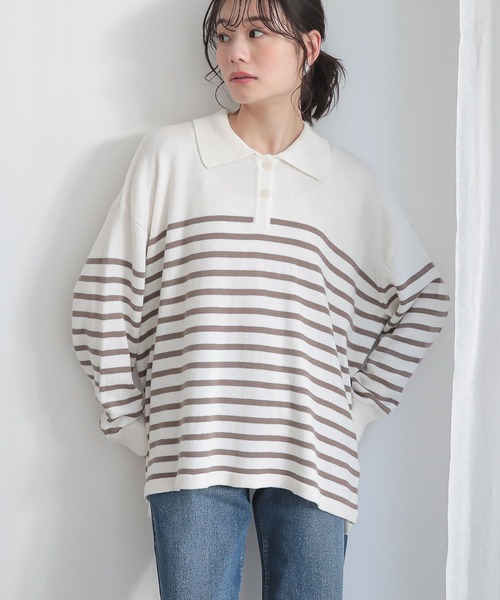 n'OrLABEL（ノアールレーベル）の「『パネルボーダーニットポロ』（ポロシャツ・レディース・モカ/ブルー/ブラック・FREE）」の6枚目の写真