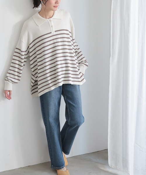 n'OrLABEL（ノアールレーベル）の「『パネルボーダーニットポロ』（ポロシャツ・レディース・モカ/ブルー/ブラック・FREE）」の10枚目の写真