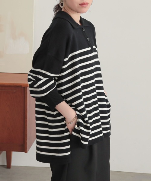 n'OrLABEL（ノアールレーベル）の「『パネルボーダーニットポロ』（ポロシャツ・レディース・モカ/ブルー/ブラック・FREE）」の11枚目の写真