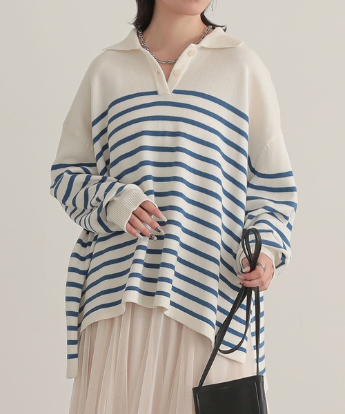 n'OrLABEL（ノアールレーベル）の「『パネルボーダーニットポロ』（ポロシャツ・レディース・モカ/ブルー/ブラック・FREE）」の16枚目の写真