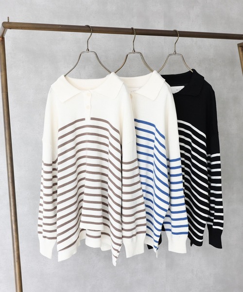 n'OrLABEL（ノアールレーベル）の「『パネルボーダーニットポロ』（ポロシャツ・レディース・モカ/ブルー/ブラック・FREE）」の5枚目の写真