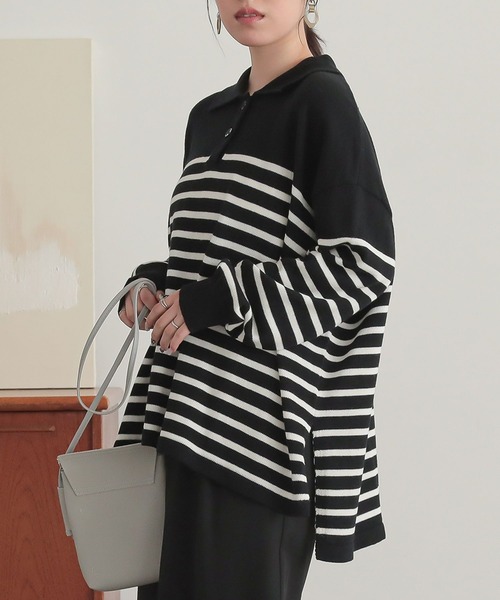 n'OrLABEL（ノアールレーベル）の「『パネルボーダーニットポロ』（ポロシャツ・レディース・モカ/ブルー/ブラック・FREE）」の4枚目の写真