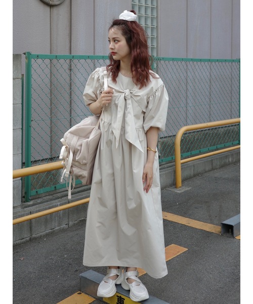 JUMELLE(ジュメロ)の「Ribbon shirt onepiece(ワンピース・レディース・ブルー/ベージュ・SMALL/MEDIUM)」の1枚目の写真